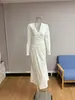 Vestido elegante branco de manga comprida com decote em V, estilo francês europeu e americano, transfronteiriço, justo, para mulheres, elegante vestido longo de comprimento médio