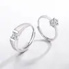 Anel de Casamento Clássico para Casal com Diamantes Prata Esterlina Par Feminino Estilo Ins Moda Simples Masculino Aberto Anel Gravado