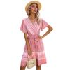 2024 Nuevo Verano Cuello en V Estampado Ajustado con Cordones Vestido Fresco de Manga Corta para Mujer Francés Transfronterizo Amazon