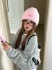 2026 Nuevo Estilo Coreano Letra Gorro de Lana de Circunferencia Grande para Mujer Invierno Azul Felpa Gorro Simple de Viaje Gorro de Tirar