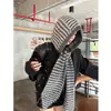 Gorro de Punto Rayado de Felpa Estilo Coreano Bufanda Integrada Chal con Capucha de Lana Grueso Cálido para Mujer Otoño Invierno Versátil