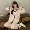 Pijama Nuevo 2026 con Ribete de Encaje de Lunares para Mujer, Conjunto de Dos Piezas de Manga Larga y Pantalón Largo para Primavera y Otoño, Ropa de Casa para Dormitorio de Estudiante