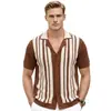 Camisa de Punto Rayada de Verano para Hombre con Cuello Cubano, Manga Corta, Color Contrastante, Diseño Hueco, Transpirable, Informal de Negocios, Polo Sj0086