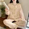 Pijama de Algodão Yunduo para Mulheres 2025 Novo Primavera e Outono Doce Gola Boneca Manga Longa Calça Estilo Princesa Conjunto de Roupa para Casa