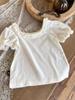 Punto de Verano para Niñas Camiseta Dulce con Cuello de Encaje Corte Calado Manga Corta Abullonada Estilo K