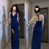 Vestido azul de fiesta con cuello brillante y estilo brisa de primavera 2025, vestido sexy de estilo temperamento para banquetes.
