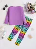 Conjunto Casual de Primavera y Otoño para Niñas: Conjunto de Dos Piezas: Top de Manga Larga con Estampado de Leopardo y Corazones + Pantalones Ajustados con Estampado de Leopardo Arcoíris