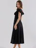 Vestido midi de gola V com mangas tipo sino para mulheres, acabamento em renda, laço no peito, cintura marcada, barra em cauda de peixe, vestido longo