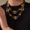 Xinyixinxin Collar de Acero Inoxidable Hueco Nariz de Cerdo Grande y Pequeño Chapado PVD Oro de 18K Moda y Versátil Cadena Exagerada para la Clavícula