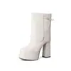 Botines de piel para mujer, nuevo estilo otoño e invierno, punta redonda, plataforma, tacón grueso, botas de tacón ultraligero, botines sencillos para mujer, botines hasta la pantorrilla