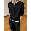 Chegada Nova de Outono Camiseta Masculina Transfronteiriça Gola Redonda Meio Zíper Malha Waffle Cor Sólida Tamanho Plus Falsa Duas Peças Camiseta de Manga Longa Roupa Masculina