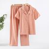 Conjunto de Pijama de Algodão Fino de Verão para Casal, Manga Curta Calça Longa, Algodão Lavado Estilo Japonês Xadrez Gola Lapela Cardigã Roupa de Casa