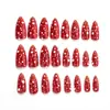 Uñas postizas de fábrica con temática de hongos en color rojo brillante sólido con lunares, forma larga de almendra, uñas postizas desmontables
