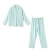 Pijama de Casal em Gaze Dupla Lavada Cor de Doce, Estilo Japonês, Sem Costuras Laterais, Algodão, Manga Longa, Calça Longa, Roupa de Dormir
