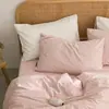 Conjunto de Quatro Peças Liso Colorido 100% Algodão Algodão Lavado Estilo Nórdico Dormitório Estudantil Roupa de Cama 100% Algodão Capa de Edredom Lençol com Elástico