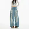 Jeans anchos de graffiti con salpicaduras estilo retro americano para mujer, nueva colección primavera-otoño, pantalones casuales rectos de corte holgado con detalles de imitación desgastados