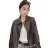 Chaqueta corta de cuero de otoño hecha a medida para mujer, con cuello de solapa, corte holgado, estilo vintage, moderna para ir al trabajo, rejuvenecedora, chaqueta de cuero casual