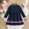 Vestido tipo polo de manga larga estilo universitario para niños, Vestido de línea A a rayas color block con cuello camisero para bebé niña, Ropa de otoño para niños