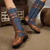 26 Botas de Montar de Invierno Nuevas de Comercio Exterior Talla Grande con Hebilla Hasta la Rodilla para Mujer Otoño Nuevo Punta Redonda Tacón Grueso con Cordones Botas de Piel