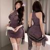 Influencer de Tiktok Lencería Sexy Chica Atractiva Nuevo Estilo Chino Cárdigan Bufanda Morada Encaje Hueco Cheongsam Vestido Halter