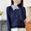 Cárdigan de punto de algodón puro para mujer, nuevo estilo otoño e invierno, imitación dos piezas, cuello polo, patrón trenzado, engrosado, corte holgado, abrigo suéter de bloques de color