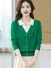 Suéter de Punto con Cuello Polo Falso de Dos Piezas para Mujer, Nuevo Estilo Otoño e Invierno, Bloques de Color, Gama Alta, Cálido, Estilo Coreano, Top de Capa Base Corto
