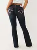 Calça Jeans Feminina True Religion Europeia e Americana Transfronteiriça Retro Street Casual Slim Fit Bordado de Ferradura Cintura Baixa