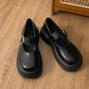 Sapatos de Couro Pretos Retro Franceses com Solado Grosso Femininos 2025 Novos Primavera e Outono Versáteis para Vestido Bico Redondo Mary Jane Camada Única