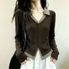 Camiseta de Manga Longa Patchwork Xadrez Falsa de Duas Peças para Mulheres, Primavera/Outono, Super Linda, Ombro Caído, Emagrecedora, Fashion, Estilosa, Top com Gola Polo