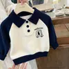 Suéter Gola Lapela Infantil Outono Inverno Peça Stylish Tricô Color Block para Meninos e Meninas Bebê Manga Raglan Bordado Cartoon Top