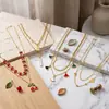 Collar multicapa de acero inoxidable con cerezas, estilo europeo y americano, transfronterizo, para mujer, cadena para la clavícula con forma de cuadrado geométrico y hoja de ginkgo en forma de abanico