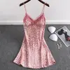 Vestido de Noche Sexy Estampado de Leopardo Tirantes Correa de Pasión Cinta de Hielo Almohadilla en el Pecho Vestido Ropa de Exterior Casa Privada Pijama de Seda Verano