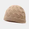 Gorro de tricô jacquard com padrão de losangos vintage para outono e inverno, chapéu de lã quente para atividades ao ar livre, gorro simples de cor sólida com barra dobrada