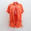 Roupa Europeia e Americana 2025 Solta Moda Casual Terno Camisa de Manga Curta + Shorts Abotoadura Simples Cor Pura Algodão Puro Amassado