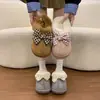 Plus veludo quente sola grossa inverno interno 2026 laço algodão chinelos femininos estilo menina chinelos de algodão