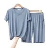 Traje de dos piezas para mujer, verano 2023, nuevo, modal, talla grande, cuello en V, fino, para casa, ropa exterior, casual, color liso