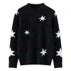 Suéter de punto de lana 100% de doble hebra engrosada para niños, nuevo estilo otoño/invierno con bordes enrollados, cuello redondo, mangas largas y patrón de lunares y estrellas de colores