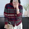 Cardigã suéter com zíper e listras arco-íris, estilo americano com gola alta, para mulheres, top de malha vintage para outono e inverno de 2026, jaqueta casual