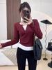 Camisa de dos piezas con botones falsos de color contrastante para mujer, otoño e invierno, nueva camisa de manga larga ajustada con hilo de alta gama.