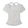Camiseta de Manga Corta con Cuello Halter Empalmada Falsa de Dos Piezas Dulce y Picante, Nueva con Encaje Fruncido en la Cintura, Ajustada, Top Básico para Mujer