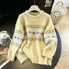 Suéter Fair Isle Feminino 2026 Outono Inverno Novo Preguiçoso Toque de Luxo Tricô Amarelo Estilo Coreano Solto Top de Lã
