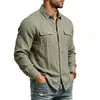 Sitio web independiente transfronterizo: Camisa de lino para hombre de color liso para otoño con cuello mandarín, estilo casual de trabajo, con bolsillos y diseño de abertura completa