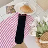 Meias com Borda Franzida para Mulheres, Meias Finas de Verão com Renda Floral e Malha Vazada, Meias Arrastão Doce Estilo Japonês