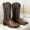 Botas de cowboy western masculinas, tamanho grande, com zíper, botas de couro de cano médio, botas de montaria retrô bordadas, botas de trabalho estilo britânico, 26068