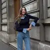 Moda Feminina Transfronteiriça Europeia e Americana da Amazon Camisa Falsa de Duas Peças com Blocos de Cor, Gola Lapela, Decote V, Mangas Sino, Corte Justo, Adequada para o Trabalho