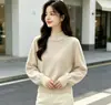 Suéter de punto de terciopelo Andy de tres hilos, estilo francés suave, con cuentas, cuello medio alto, para mujer, de manga larga, elegante, cálido, suéter de capa base