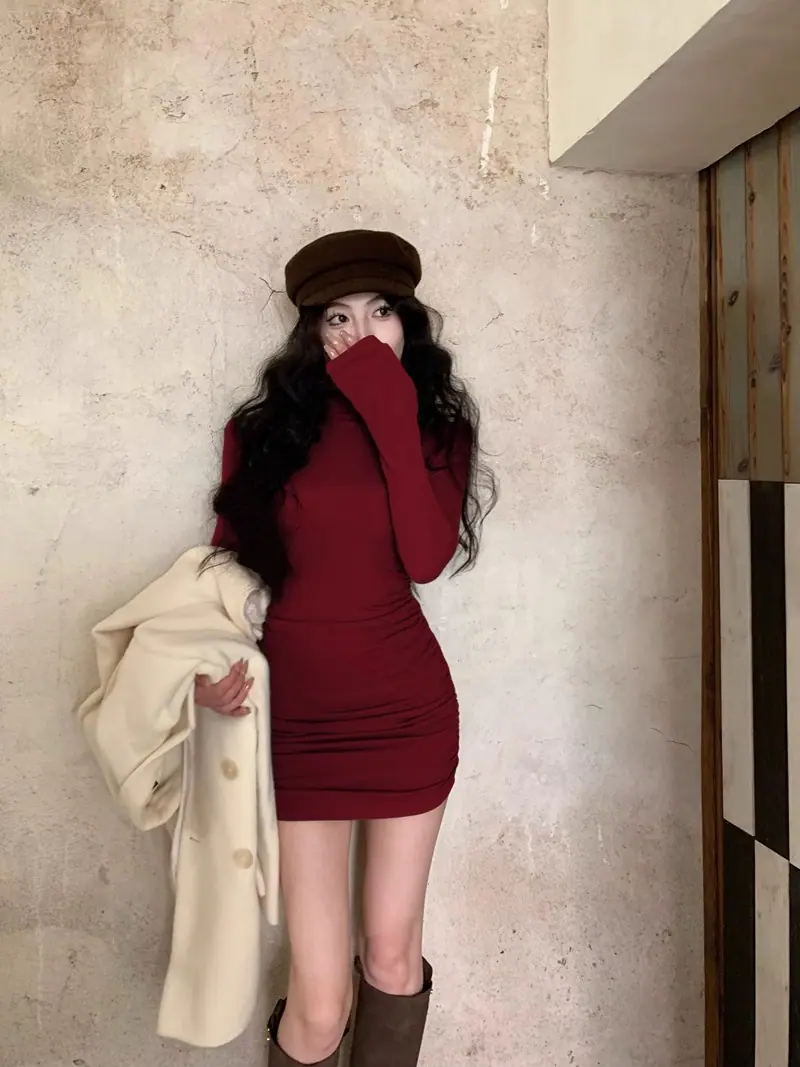 商品详情图_2024新款半高领打底长袖连衣裙女秋冬修身包臀性