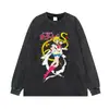 Camiseta Holgada Oversize Floral de Manga Corta con Estampado de Anime Japonés, Cuello Redondo, Mangas Largas