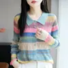 Top de Rayas Arcoíris Hengyuanxiang para Mujer, Camiseta Base de Punto Fino Calada para Otoño, Suéter Elegante que Reduce la Edad