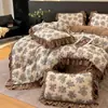 Juego de Colcha de Encaje Francés y Terciopelo de Leche de Cuatro Piezas Estilo Princesa Invierno Engrosado Cálido Funda Nórdica de Terciopelo Coral Sábana Bajera Ropa de Cama